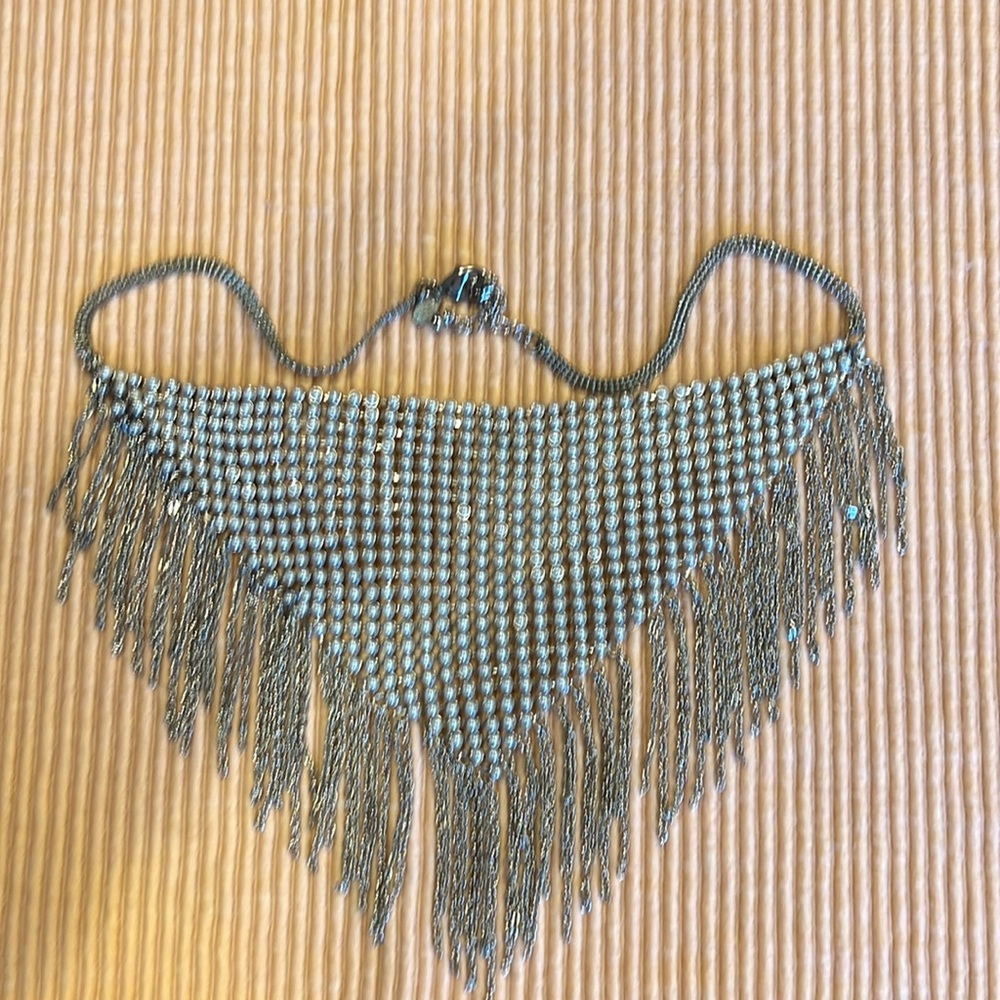 Chicos Beaded Silver Bib Necklace with Fringe Trim.